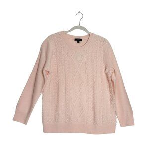 J. Crew Cable Crewneck Fringe Merino Wool Sweater in Pink - Sz L - New
